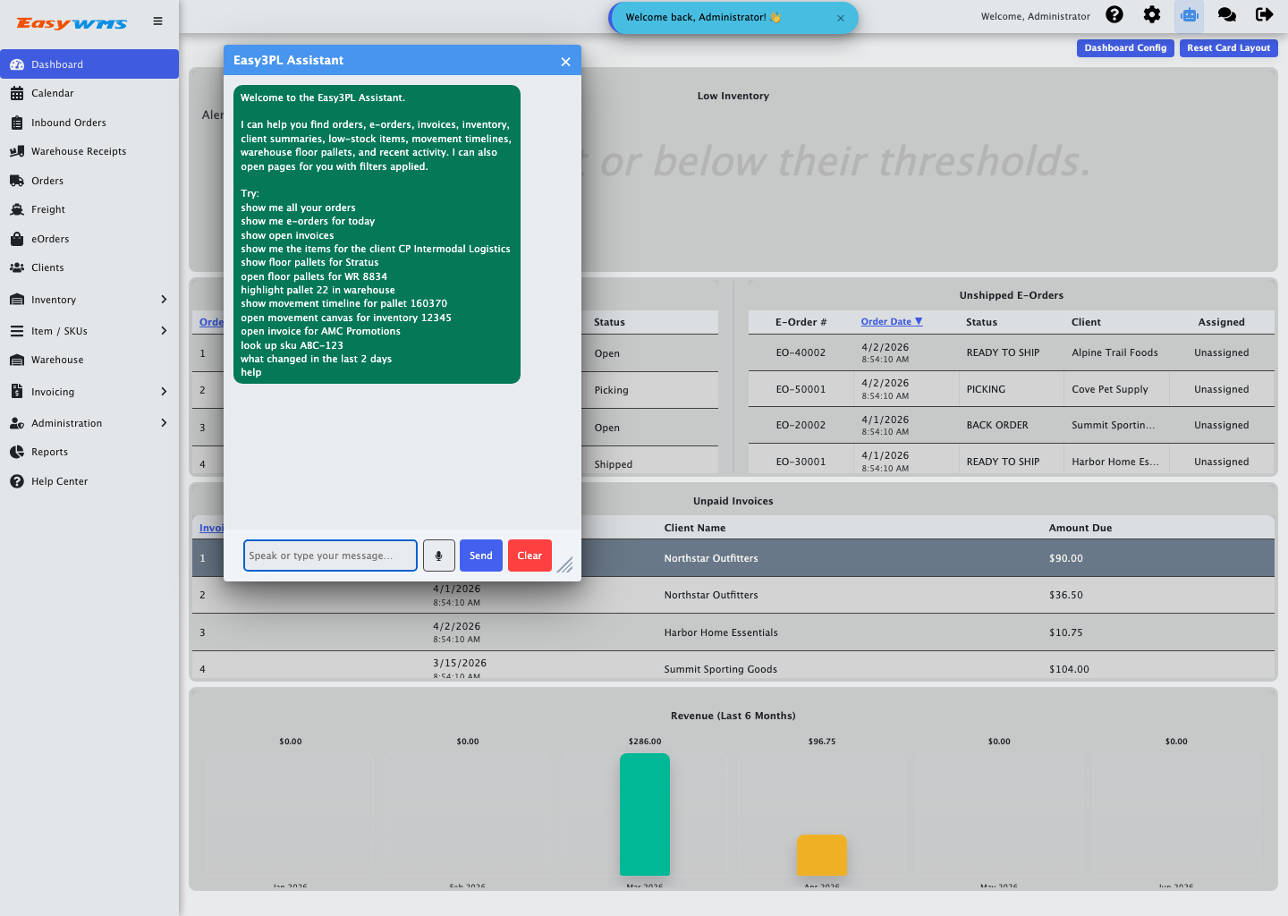 Easy3PL Assistant open on the dashboard in the live demo app