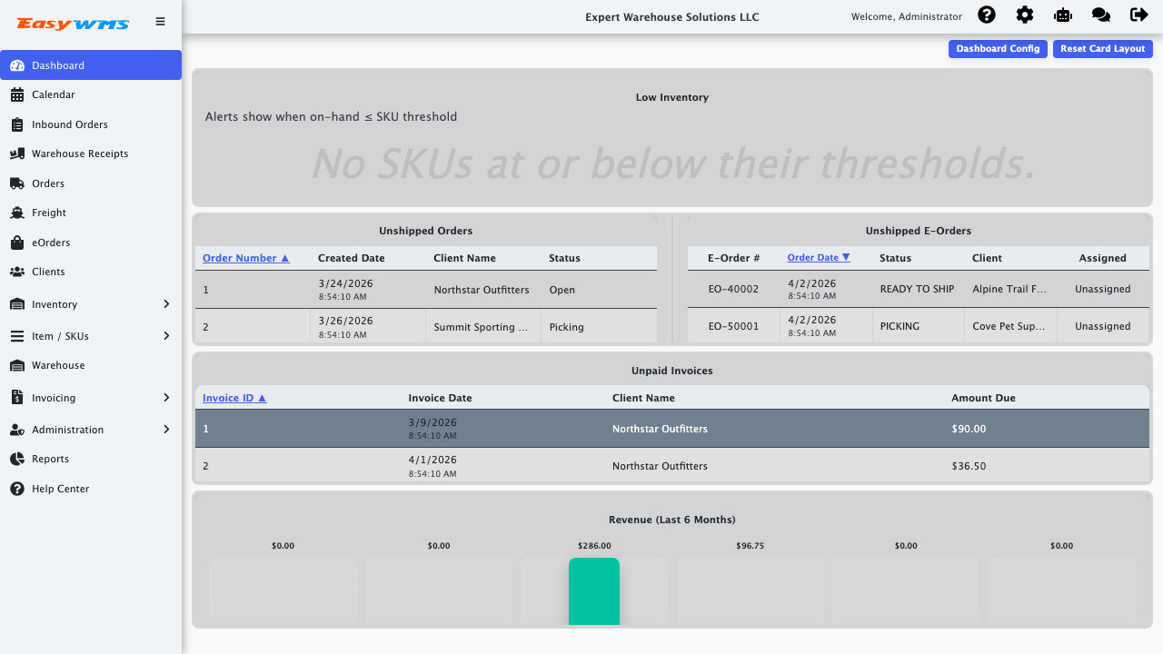 Dashboard workflow overview in the Easy3PL demo app