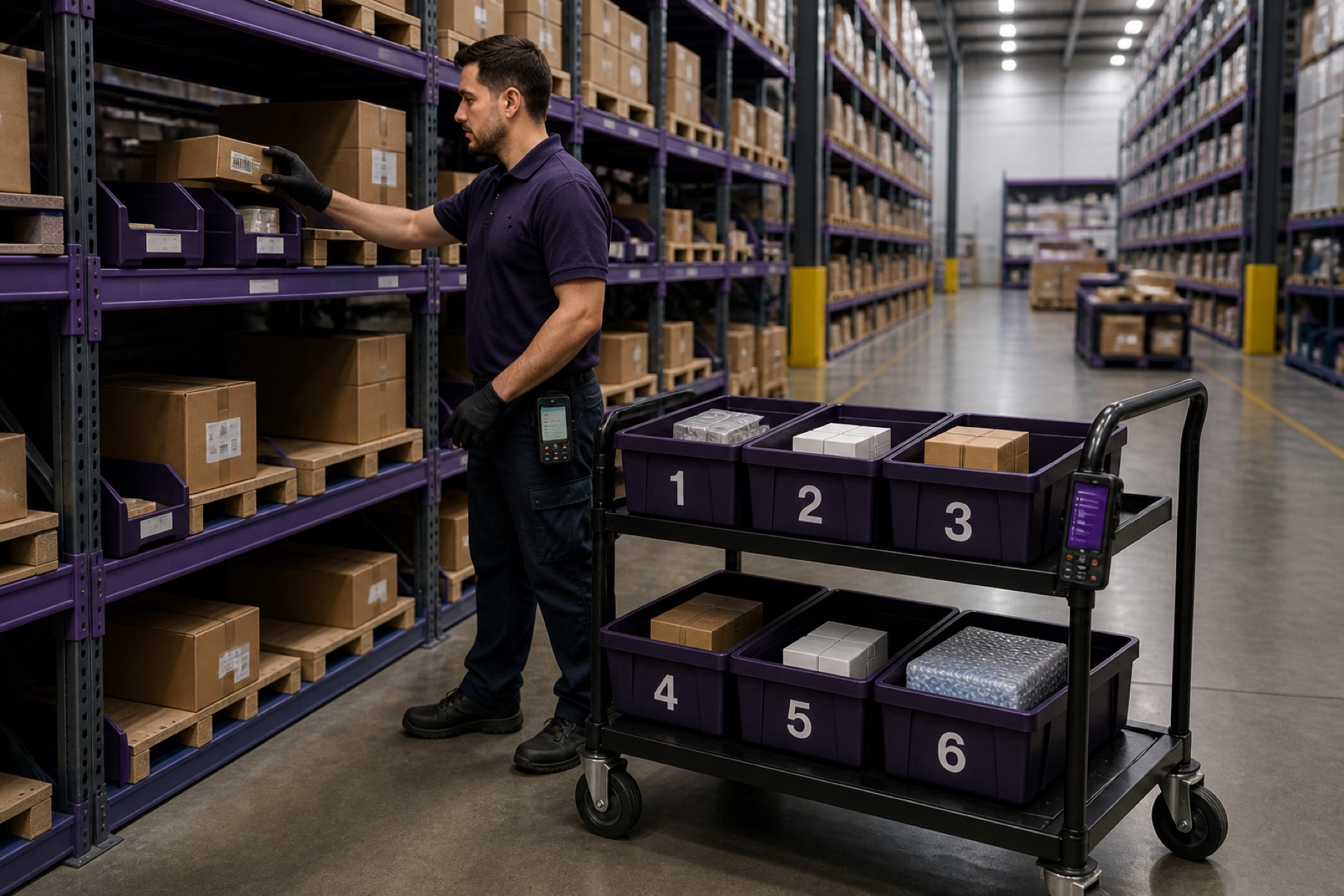 Warehouse batch picking route with numbered bins and handheld scanner devices
