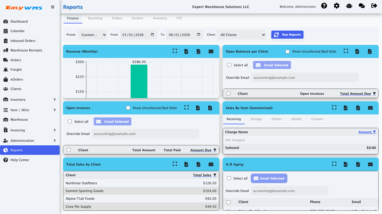 Finance reporting dashboard in the Easy3PL demo app