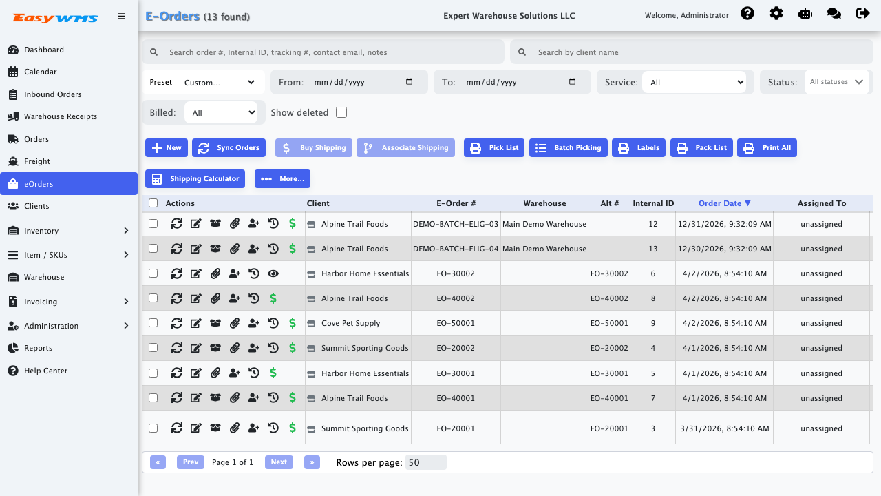 eOrders screen in the Easy3PL demo app showing marketplace fulfillment controls