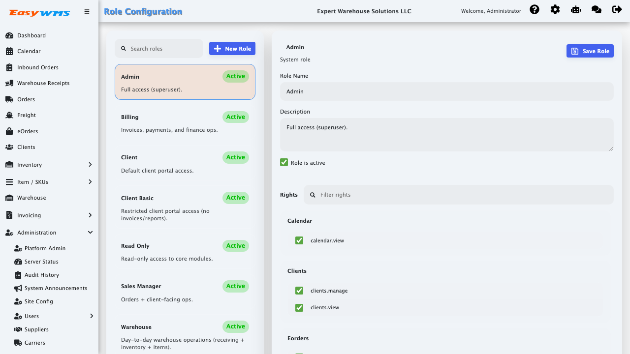 Role configuration and permission controls in the Easy3PL demo app
