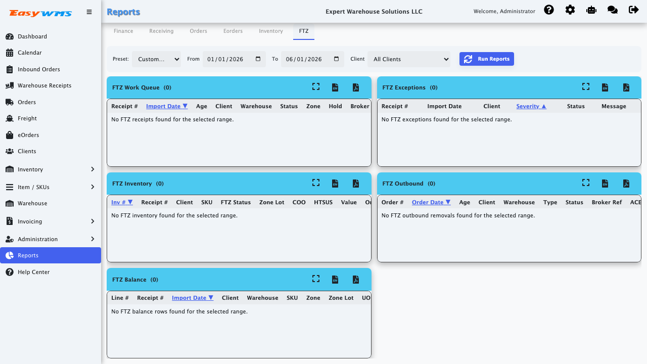 Easy3PL FTZ reporting workspace in the live demo app