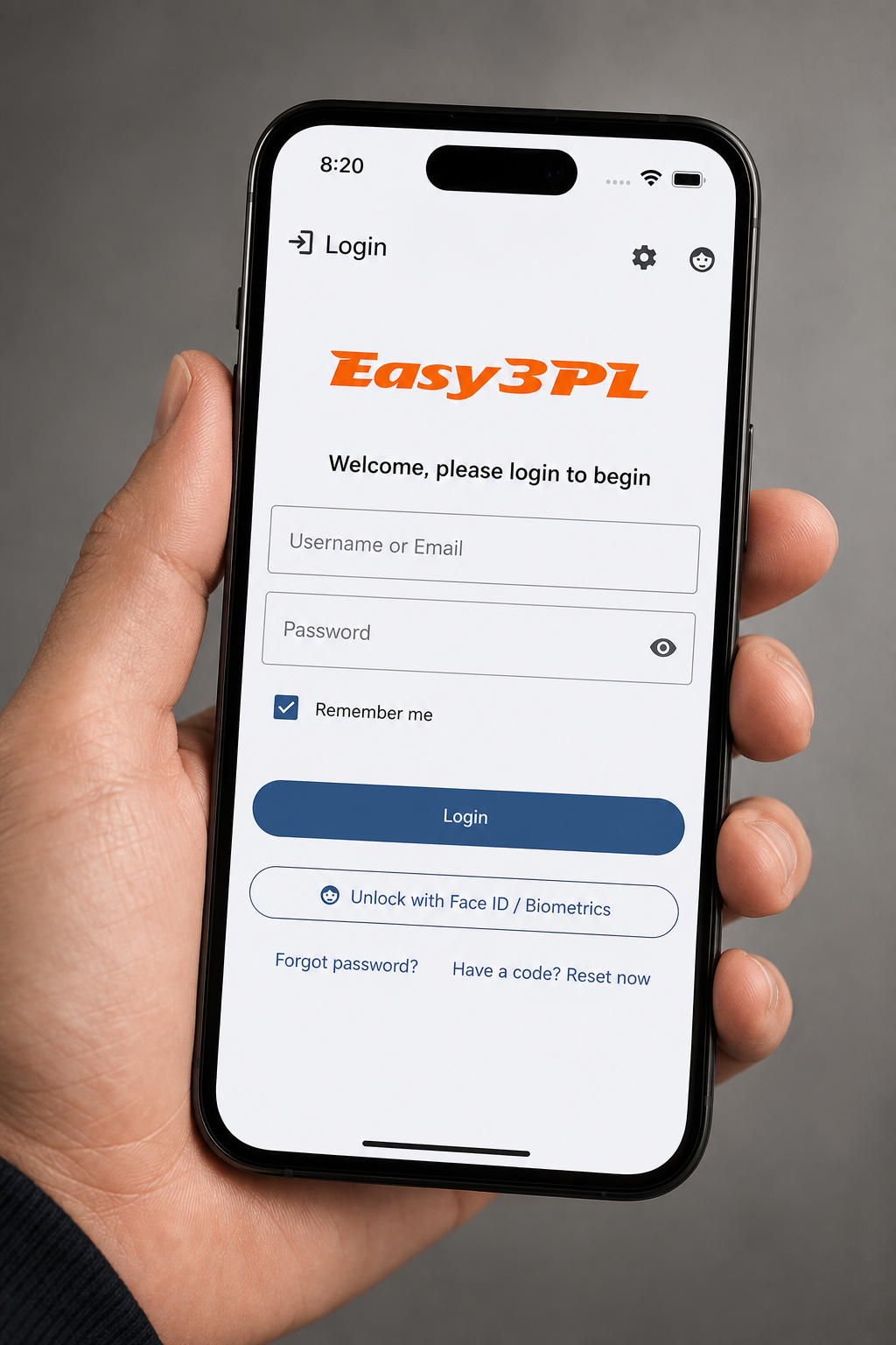 Easy3PL handheld login screen shown on a phone held in hand