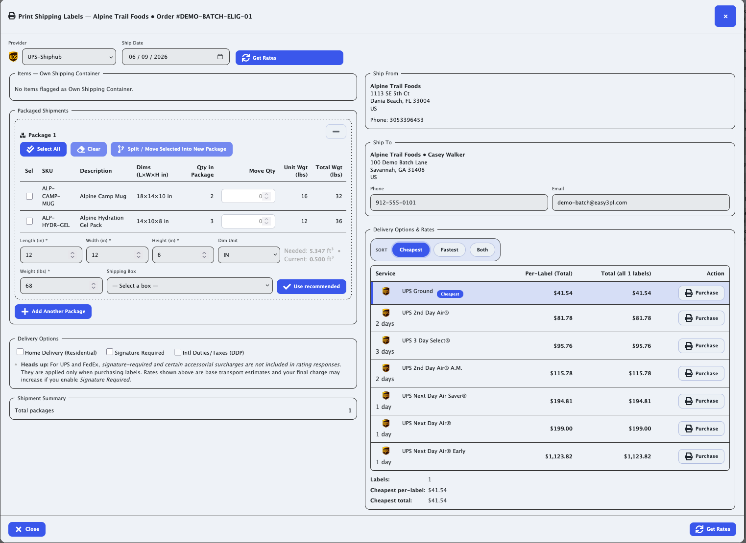 Print Shipping Labels dialog in Easy3PL showing live carrier rates and shipping label purchase actions