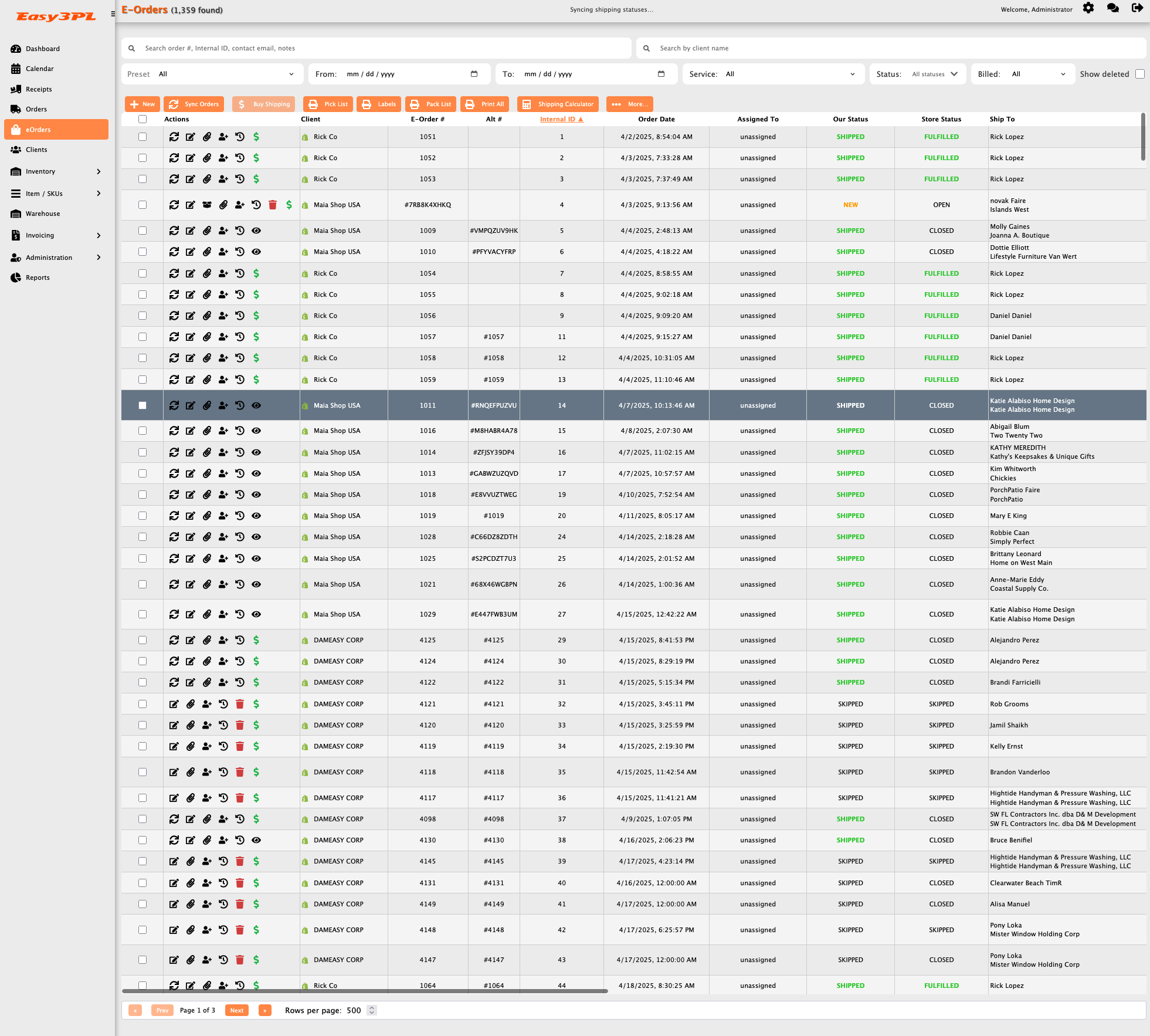 Easy3PL eCommerce order processing dashboard